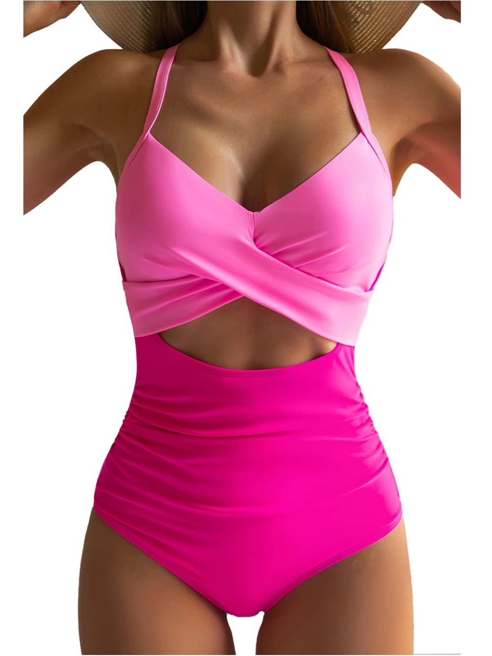Two-Tone Pink Twist Front One-Piece Swimsuit